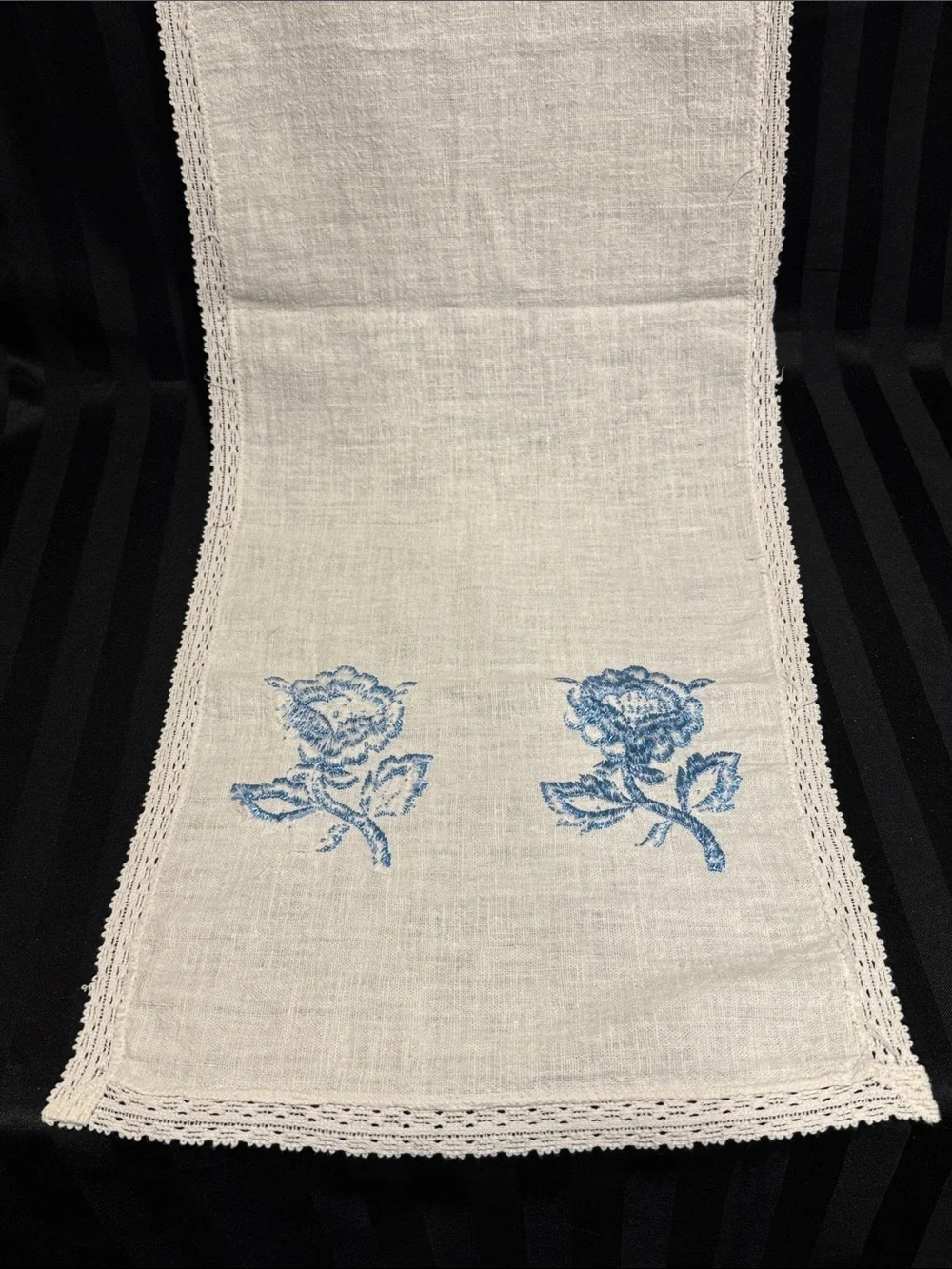 Hand Embroidered Linen Dresser or Table Runner with Blue Rose Motif